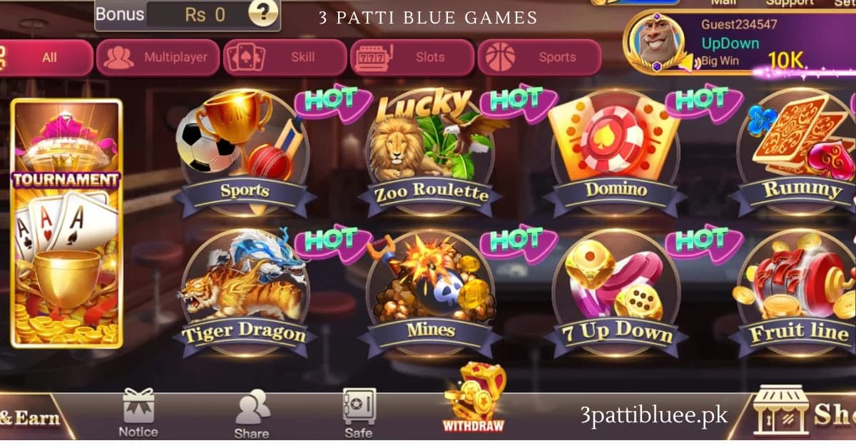 3 Patti Blue games lobby with Teen Patti slots and live tables