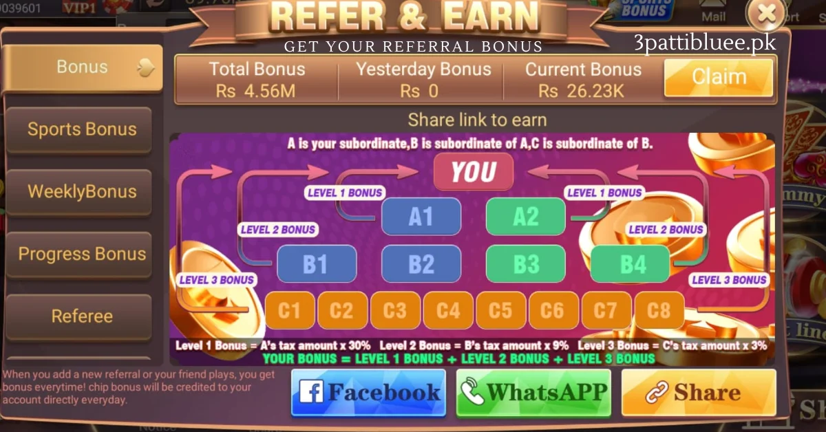 3 Patti Blue refer and earn referral program rewards